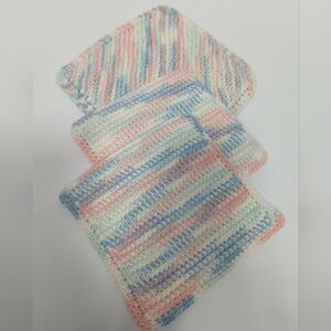 Vintage Handmade Crochet Potholders Hot Pad Variegated Pink Blue White Set 3